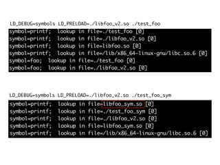 LD_DEBUG=symbols LD_PRELOAD=./libfoo_v2.so ./test_foo_sym
LD_DEBUG=symbols LD_PRELOAD=./libfoo_v2.so ./test_foo
 