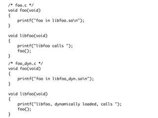 /* foo.c */
void foo(void)
{
printf("foo in libfoo.son");
}
void libfoo(void)
{
printf("libfoo calls ");
foo();
}
/* foo_dyn.c */
void foo(void)
{
printf("foo in libfoo_dyn.son");
}
void libfoo(void)
{
printf("libfoo, dynamically loaded, calls ");
foo();
}
 