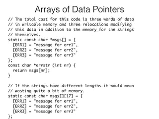 Arrays of Data Pointers
// The total cost for this code is three words of data
// in writable memory and three relocations modifying
// this data in addition to the memory for the strings
// themselves.
static const char *msgs[] = {
[ERR1] = "message for err1",
[ERR2] = "message for err2",
[ERR3] = "message for err3"
};
const char *errstr (int nr) {
return msgs[nr];
}
// If the strings have different lengths it would mean
// wasting quite a bit of memory.
static const char msgs[][17] = {
[ERR1] = "message for err1",
[ERR2] = "message for err2",
[ERR3] = "message for err3"
};
 