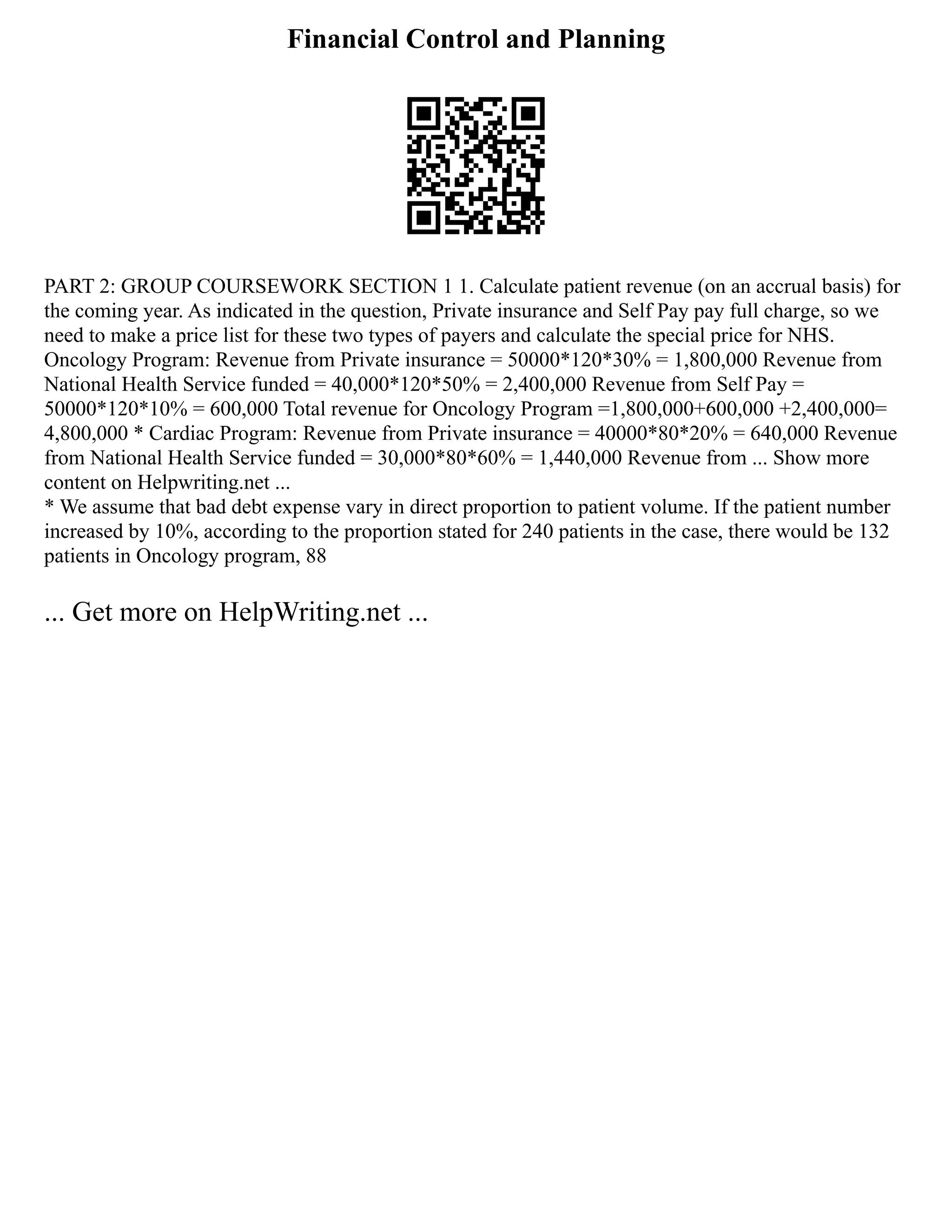 Financial Control and Planning
PART 2: GROUP COURSEWORK SECTION 1 1. Calculate patient revenue (on an accrual basis) for
the coming year. As indicated in the question, Private insurance and Self Pay pay full charge, so we
need to make a price list for these two types of payers and calculate the special price for NHS.
Oncology Program: Revenue from Private insurance = 50000*120*30% = 1,800,000 Revenue from
National Health Service funded = 40,000*120*50% = 2,400,000 Revenue from Self Pay =
50000*120*10% = 600,000 Total revenue for Oncology Program =1,800,000+600,000 +2,400,000=
4,800,000 * Cardiac Program: Revenue from Private insurance = 40000*80*20% = 640,000 Revenue
from National Health Service funded = 30,000*80*60% = 1,440,000 Revenue from ... Show more
content on Helpwriting.net ...
* We assume that bad debt expense vary in direct proportion to patient volume. If the patient number
increased by 10%, according to the proportion stated for 240 patients in the case, there would be 132
patients in Oncology program, 88
... Get more on HelpWriting.net ...
 