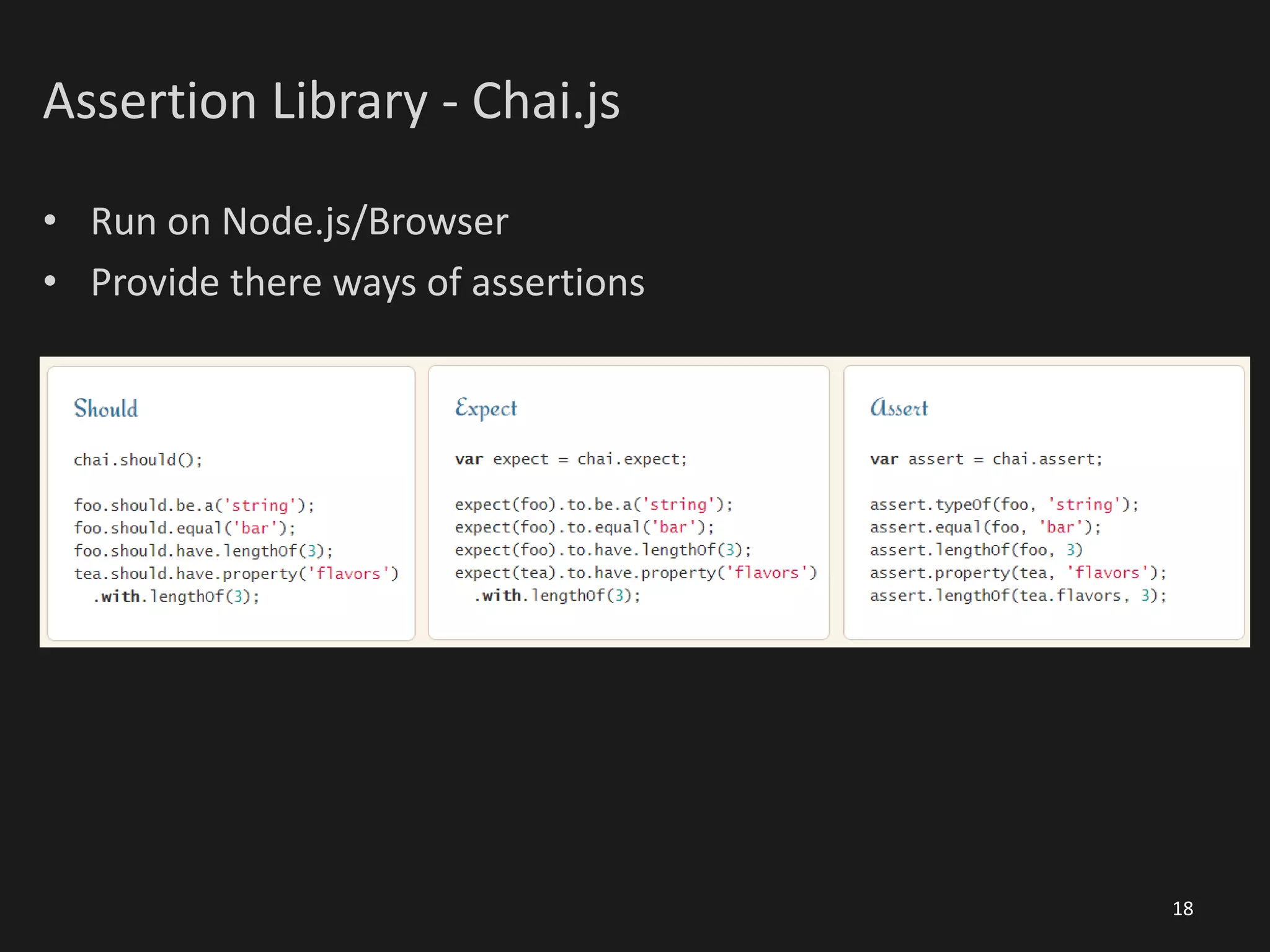 Assertion Library - Chai.js
• Run on Node.js/Browser
• Provide there ways of assertions
18
 