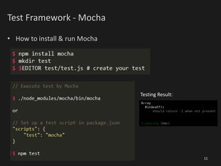 Test Framework - Mocha
• How to install & run Mocha
11
Testing Result:
 