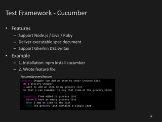Test Framework - Cucumber
• Features
– Support Node.js / Java / Ruby
– Deliver executable spec document
– Support Gherkin DSL syntax
• Example
– 1. Installation: npm install cucumber
– 2. Wrote feature file
14
features/grocery.feature
 