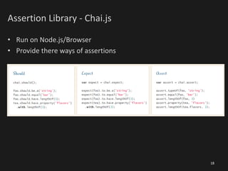 Assertion Library - Chai.js
• Run on Node.js/Browser
• Provide there ways of assertions
18
 
