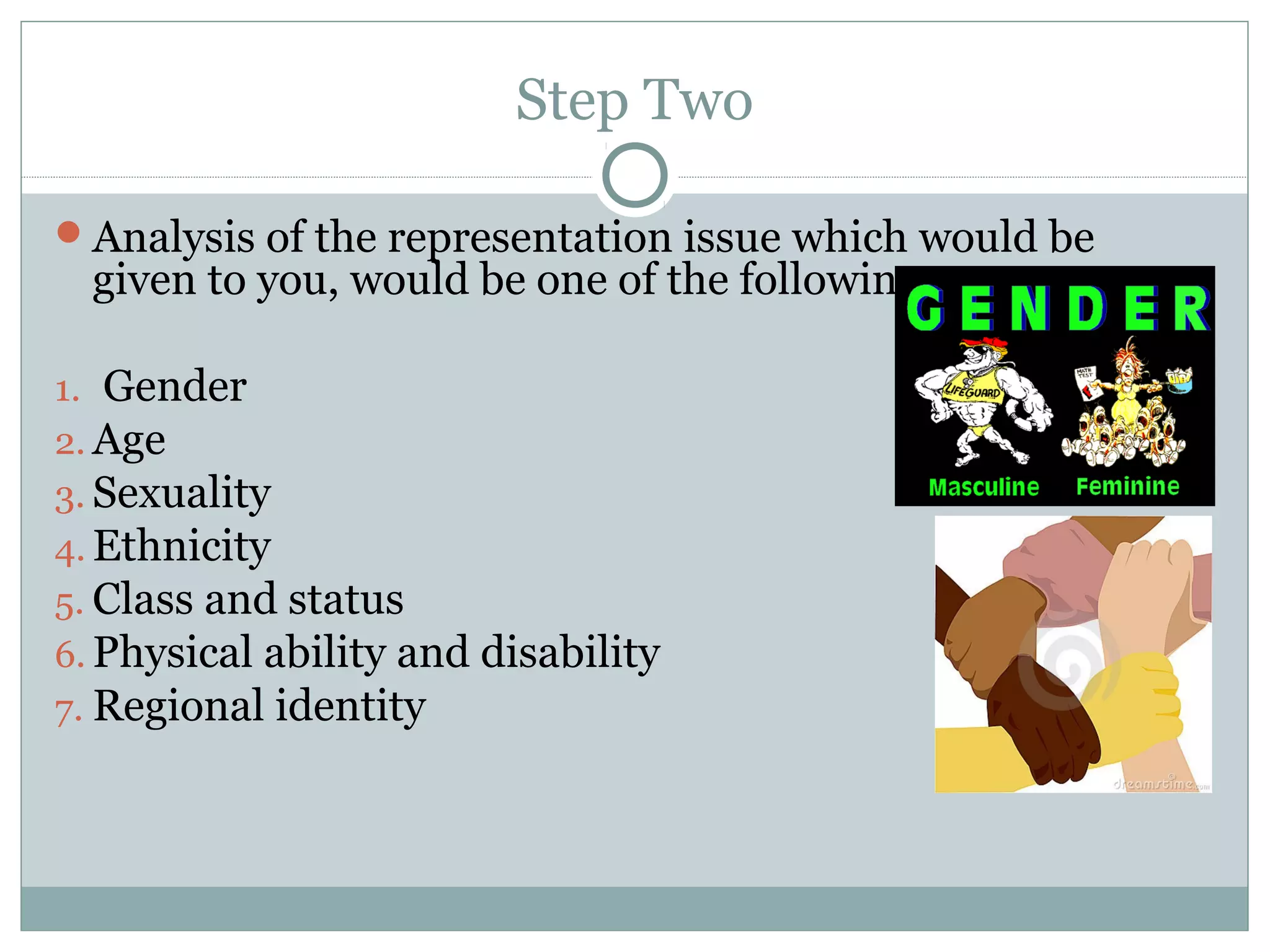 Step Two
Analysis of the representation issue which would be
given to you, would be one of the following;
1. Gender
2. Age
3. Sexuality
4. Ethnicity
5. Class and status
6. Physical ability and disability
7. Regional identity
 