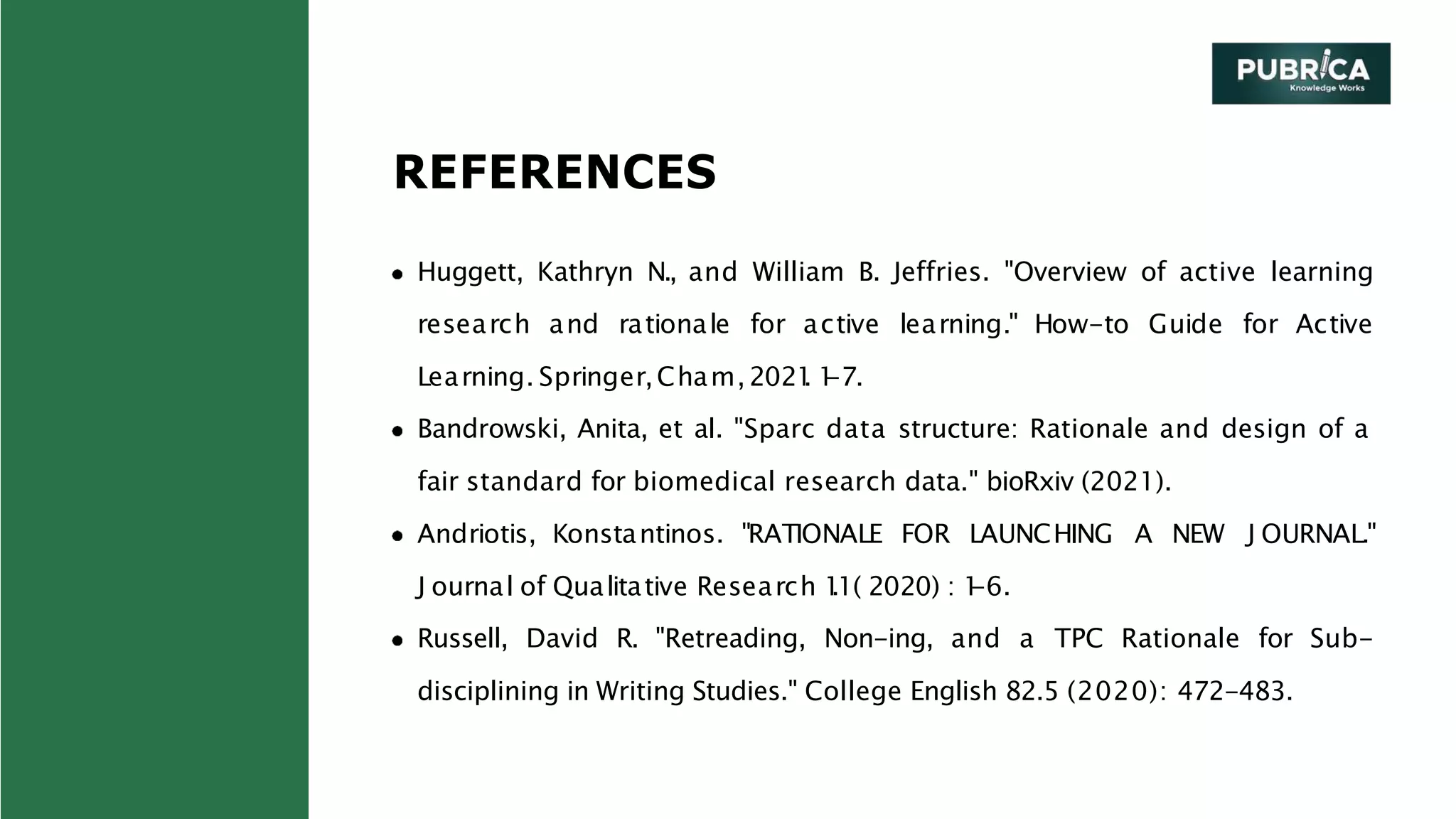 REFERENCES
Huggett, Kathryn N., and William B. Jeffries. "Overview of active learning
research and rationale for active learning." How-to Guide for Active
Learning. Springer,Cham,2021
. 1
-7.
Bandrowski, Anita, et al. "Sparc data structure: Rationale and design of a
fair standard for biomedical research data." bioRxiv (2021).
Andriotis, Konstantinos. "RATIONALE FOR LAUNCHING A NEW J OURNAL."
J ournal of Qualitative Research 1
.1( 2020) : 1
-6.
Russell, David R. "Retreading, Non-ing, and a TPC Rationale for Sub-
disciplining in Writing Studies." College English 82.5 (2020): 472-483.
 