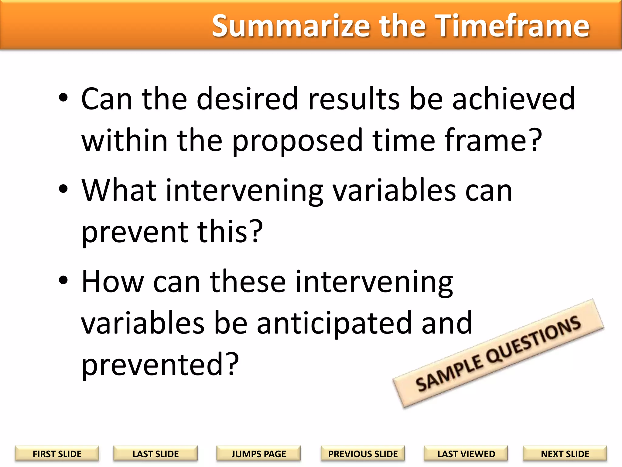 Summarize the Timeframe
• Can the desired results be achieved
within the proposed time frame?
• What intervening variables can
prevent this?
• How can these intervening
variables be anticipated and
prevented?
FIRST SLIDE

LAST SLIDE

JUMPS PAGE

PREVIOUS SLIDE

LAST VIEWED

NEXT SLIDE

 