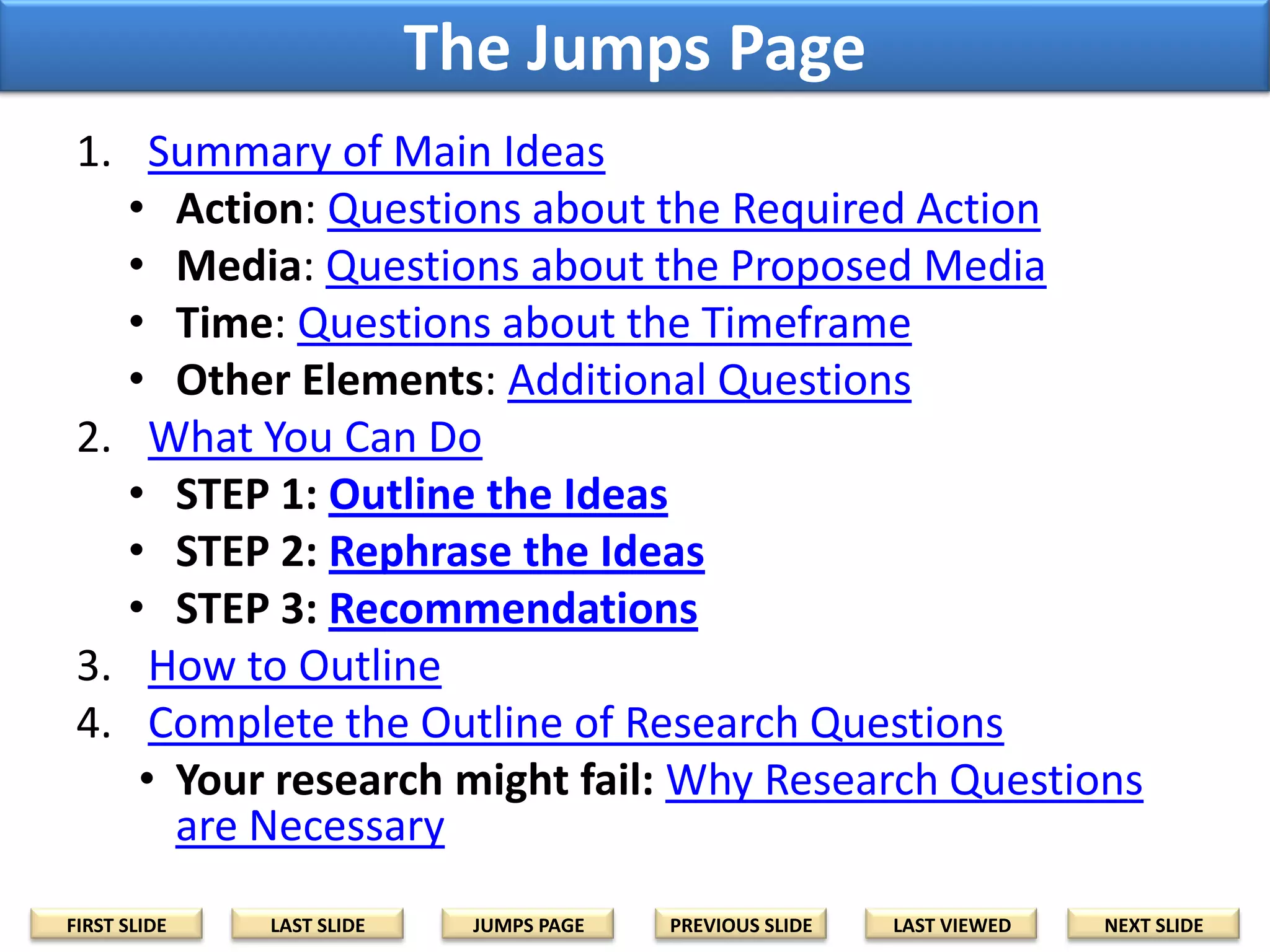 The Jumps Page
1. Summary of Main Ideas
• Action: Questions about the Required Action
• Media: Questions about the Proposed Media
• Time: Questions about the Timeframe
• Other Elements: Additional Questions
2. What You Can Do
• STEP 1: Outline the Ideas
• STEP 2: Rephrase the Ideas into Questions
• STEP 3: Recommendations
3. How to Outline
4. Complete the Outline of Research Questions
• Your research might fail: Why Research Questions
are Necessary
FIRST SLIDE

LAST SLIDE

JUMPS PAGE

PREVIOUS SLIDE

LAST VIEWED

NEXT SLIDE

 