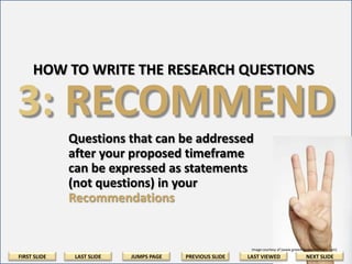 Step 2: Rephrase Into Research Questions
Rephrase your outline of ideas into question
form. Where possible, include citations to
references that detail or support your ideas.
• Question the Required Action [Examples]
• Question Media Effectiveness [Examples]
• Question the Time Element [Examples]

FIRST SLIDE

LAST SLIDE

JUMPS PAGE

PREVIOUS SLIDE

LAST VIEWED

NEXT SLIDE

 