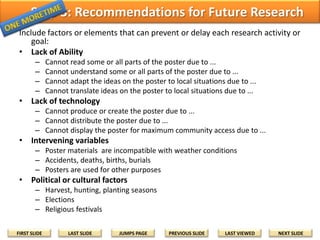 Other Intervening Variables
In your proposal, record any factors or elements that can be
related to other intervening variables in the target milieu. Whenever
possible, include links to prove or support your ideas.

• The target beneficiaries may be unable to xxx due
to poster materials that are incompatible with local
technology, conditions, weather, etc. ... (Author,
YEAR). Future research can include ...
• The target beneficiaries may be unable to xxx due
to sudden emergencies, accidents, births, deaths
etc. that may (can/usually happen) occur during the
project implementation period... (Author, YEAR).
Future research might include ...
FIRST SLIDE

LAST SLIDE

JUMPS PAGE

PREVIOUS SLIDE

LAST VIEWED

NEXT SLIDE

 