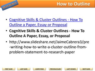 Step 3: Recommendations for Future Research
Include factors or elements that can prevent or
delay each research activity or goal. If their
solutions are beyond your research schedule,
state them as recommendations for future
research.
• Lack of Ability [Examples]
• Lack of Technology [Examples]
• Political or Cultural Factors [Examples]
• Other Intervening Variables [Examples]
FIRST SLIDE

LAST SLIDE

JUMPS PAGE

PREVIOUS SLIDE

LAST VIEWED

NEXT SLIDE

 
