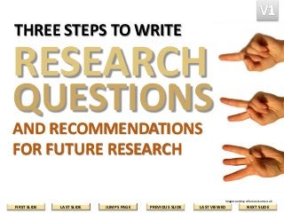 THREE STEPS TO WRITE

RESEARCH

QUESTIONS
AND RECOMMENDATIONS
FOR FUTURE RESEARCH
Image courtesy of www.visum.co.uk

FIRST SLIDE

LAST SLIDE

JUMPS PAGE

PREVIOUS SLIDE

LAST VIEWED

NEXT SLIDE

 