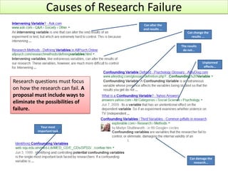 Causes of Research Failure
Can alter the
end results ...
Can change the
results ...
The results
do not...

Unplanned
effects...

Research questions must focus
on how the research can fail. A
proposal must include ways to
eliminate the possibilities of
failure.
Your most
important task

Can damage the
research...

 