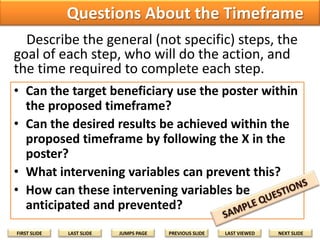 Questions About the Timeframe
Describe the general (not specific) steps, the
goal of each step, who will do the action, and
the time required to complete each step.
• Can the target beneficiary use the poster within
the proposed timeframe?
• Can the desired results be achieved within the
proposed timeframe by following the X in the
poster?
• What intervening variables can prevent this?
• How can these intervening variables be
anticipated and prevented?
FIRST SLIDE

LAST SLIDE

JUMPS PAGE

PREVIOUS SLIDE

LAST VIEWED

NEXT SLIDE

 