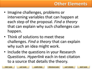 Other Elements
• Imagine challenges, problems or
intervening variables that can happen at
each step of the proposal. Find a theory
that can explain why such challenges can
happen.
• Think of solutions to meet these
challenges. Find a theory that can explain
why such an idea might work.
• Include the questions in your Research
Questions. Hyperlink each in-text citation
to a source that details the theory.
FIRST SLIDE

LAST SLIDE

JUMPS PAGE

PREVIOUS SLIDE

LAST VIEWED

NEXT SLIDE

 