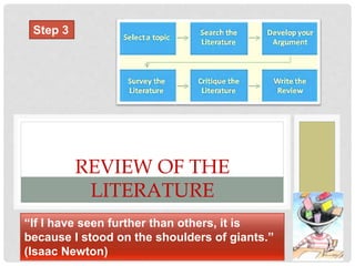 REVIEW OF THE
LITERATURE
Step 3
“If I have seen further than others, it is
because I stood on the shoulders of giants.”
(Isaac Newton)
 