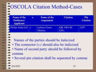 OSCOLA Citation Method-Cases
Name of the
Petitioner/
Applicant
v. Name of the
respondent
Citation Pin
Citation
Philips India Ltd v. Labour Court,
Madras,
AIR 1963 SC
1241,
1247
• Names of the parties should be italicized
• The connector (v.) should also be italicized
• Name of second party should be followed by
comma
• Several pin citation shall be separated by comma
8/6/2023 53
 