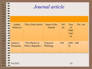 Journal article
Author
Name (s)
Title of the Article Name of the
Journal
Vol.
no.
Year
of
Publ
icati
on
Pin cite
Joshua I.
Weinstein,
“The Market in
Plato’s Republic,”
Classical
Philology
104 (200
9)
440
8/6/2023 63
 