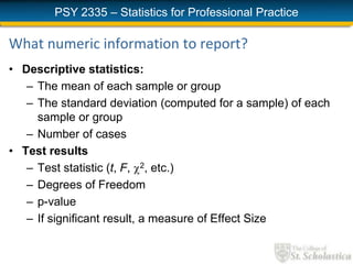 PSY 2335 – Statistics for Professional Practice
What numeric information to report?
• Descriptive statistics:
– The mean of each sample or group
– The standard deviation (computed for a sample) of each
sample or group
– Number of cases
• Test results
– Test statistic (t, F, 2, etc.)
– Degrees of Freedom
– p-value
– If significant result, a measure of Effect Size
 