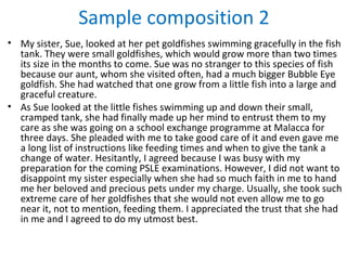 Sample composition 2
• My sister, Sue, looked at her pet goldfishes swimming gracefully in the fish
  tank. They were small goldfishes, which would grow more than two times
  its size in the months to come. Sue was no stranger to this species of fish
  because our aunt, whom she visited often, had a much bigger Bubble Eye
  goldfish. She had watched that one grow from a little fish into a large and
  graceful creature.
• As Sue looked at the little fishes swimming up and down their small,
  cramped tank, she had finally made up her mind to entrust them to my
  care as she was going on a school exchange programme at Malacca for
  three days. She pleaded with me to take good care of it and even gave me
  a long list of instructions like feeding times and when to give the tank a
  change of water. Hesitantly, I agreed because I was busy with my
  preparation for the coming PSLE examinations. However, I did not want to
  disappoint my sister especially when she had so much faith in me to hand
  me her beloved and precious pets under my charge. Usually, she took such
  extreme care of her goldfishes that she would not even allow me to go
  near it, not to mention, feeding them. I appreciated the trust that she had
  in me and I agreed to do my utmost best.
 