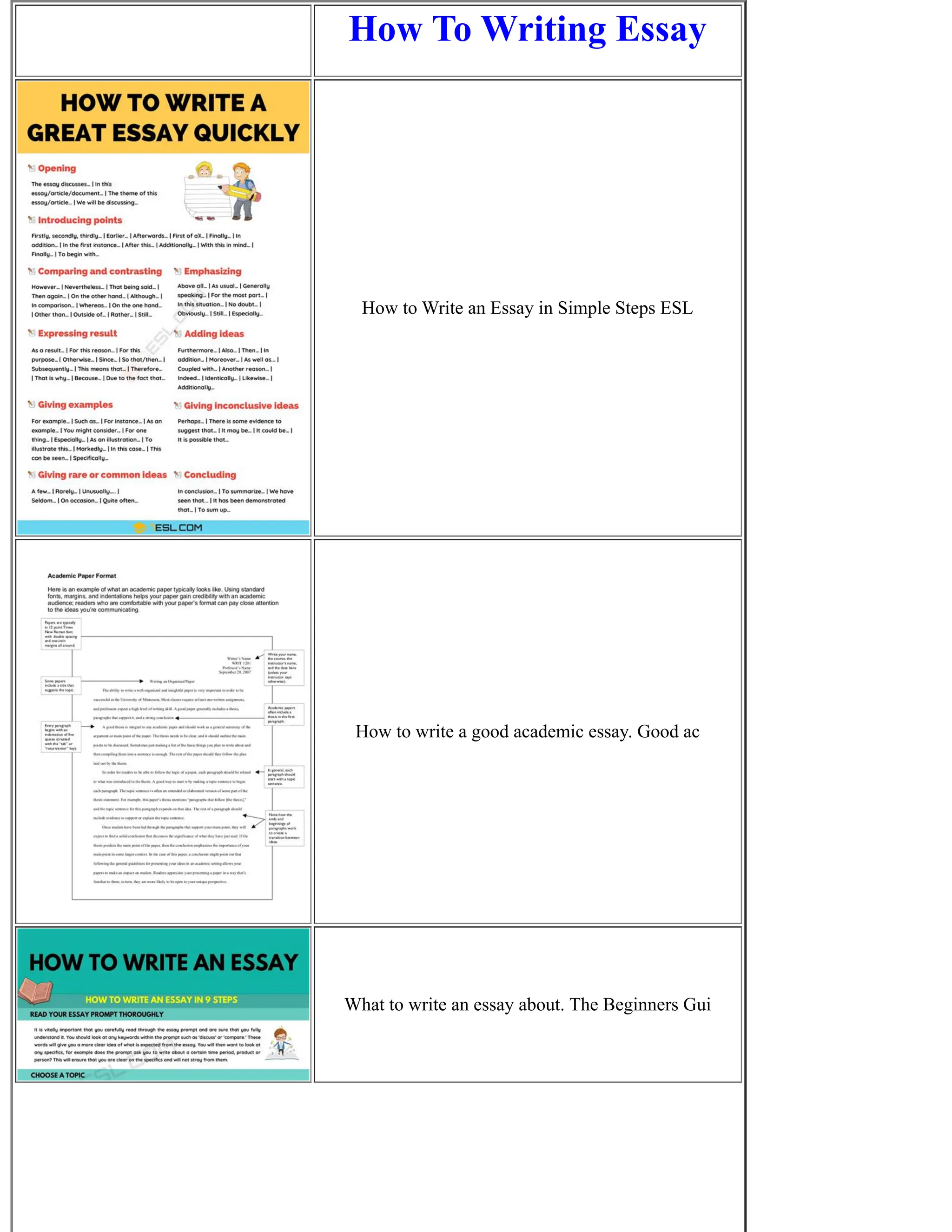 How To Writing Essay
How to Write an Essay in Simple Steps ESL
How to write a good academic essay. Good ac
What to write an essay about. The Beginners Gui