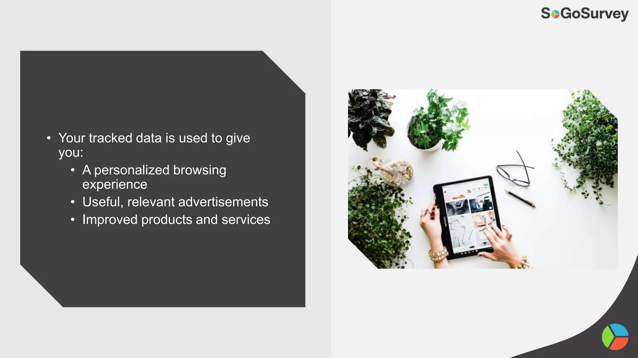 • Your tracked data is used to give
you:
• A personalized browsing
experience
• Useful, relevant advertisements
• Improved products and services
 