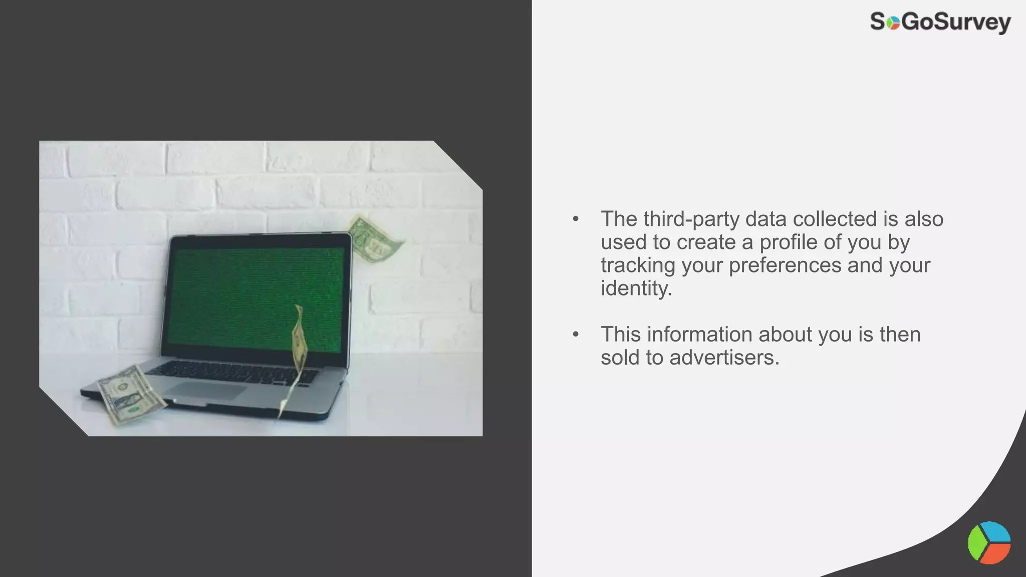 • The third-party data collected is also
used to create a profile of you by
tracking your preferences and your
identity.
• This information about you is then
sold to advertisers.
 