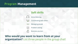 Program Management
Soft skills
Active listening
Coordinating with others
Managing people
Problem solving
Business acumen
Who would you want to learn from at your
organization? List three people in the group chat!
 