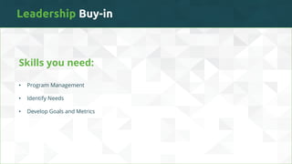 Leadership Buy-in
• Program Management
• Identify Needs
• Develop Goals and Metrics
Skills you need:
 