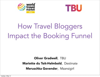How Travel Bloggers
Impact the Booking Funnel
Oliver Gradwell, TBU
Mariette du Toit-Helmbold, Destinate
Meruschka Govender, Mzansigirl
Tuesday, 6 May 14
 