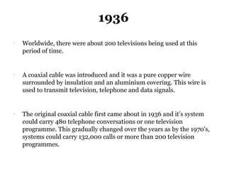1936
-
    Worldwide, there were about 200 televisions being used at this
    period of time.


-
    A coaxial cable was introduced and it was a pure copper wire
    surrounded by insulation and an aluminium covering. This wire is
    used to transmit television, telephone and data signals.


-
    The original coaxial cable first came about in 1936 and it’s system
    could carry 480 telephone conversations or one television
    programme. This gradually changed over the years as by the 1970's,
    systems could carry 132,000 calls or more than 200 television
    programmes.
 