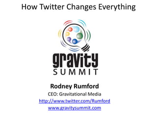 How Twitter Changes Everything




        Rodney Rumford
        CEO: Gravitational Media
    http://www.twitter.com/Rumford
        www.gravitysummit.com
 