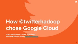 How @twitterhadoop
chose Google Cloud
Joep Rottinghuis & Lohit VijayaRenu
Twitter Hadoop Team (@twitterhadoop)
1
 