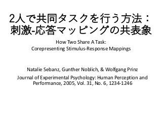 2人で共同タスクを行う方法：
刺激‐応答マッピングの共表象
Natalie Sebanz, Gunther Noblich, & Wolfgang Prinz
Journal of Experimental Psychology: Human Perception and
Performance, 2005, Vol. 31, No. 6, 1234-1246
How Two Share A Task:
Corepresenting Stimulus-Response Mappings
 