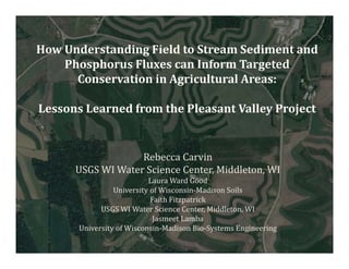 How	Understanding	Field	to	Stream	Sediment	and	
Phosphorus	Fluxes	can	Inform	Targeted	
Conservation	in	Agricultural	Areas:	
Lessons	Learned	from	the	Pleasant	Valley	Project
Rebecca	Carvin
USGS	WI	Water	Science	Center,	Middleton,	WI
Laura	Ward	Good
University	of	Wisconsin‐Madison	Soils
Faith	Fitzpatrick
USGS	WI	Water	Science	Center,	Middleton,	WI
Jasmeet Lamba
University	of	Wisconsin‐Madison	Bio‐Systems	Engineering
 