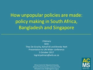 How unpopular policies are made:
policy making in South Africa,
Bangladesh and Singapore
I Palmary
With
Thea De Gruchy, Ashraf Ali and Brenda Yeoh
Presentation to UN-Wider conference
5 October 2017
Ingrid.palmary@wits.ac.za
______________________________________________________________________________
African Centrefor Migration & Society,
School of Social Sciences, University of the
Witwatersrand, info@migration.org.za
 