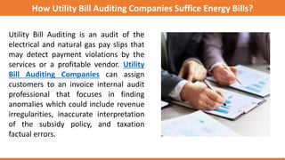 How Utility Bill Auditing Companies Suffice Energy Bills?
Utility Bill Auditing is an audit of the
electrical and natural gas pay slips that
may detect payment violations by the
services or a profitable vendor. Utility
Bill Auditing Companies can assign
customers to an invoice internal audit
professional that focuses in finding
anomalies which could include revenue
irregularities, inaccurate interpretation
of the subsidy policy, and taxation
factual errors.
 