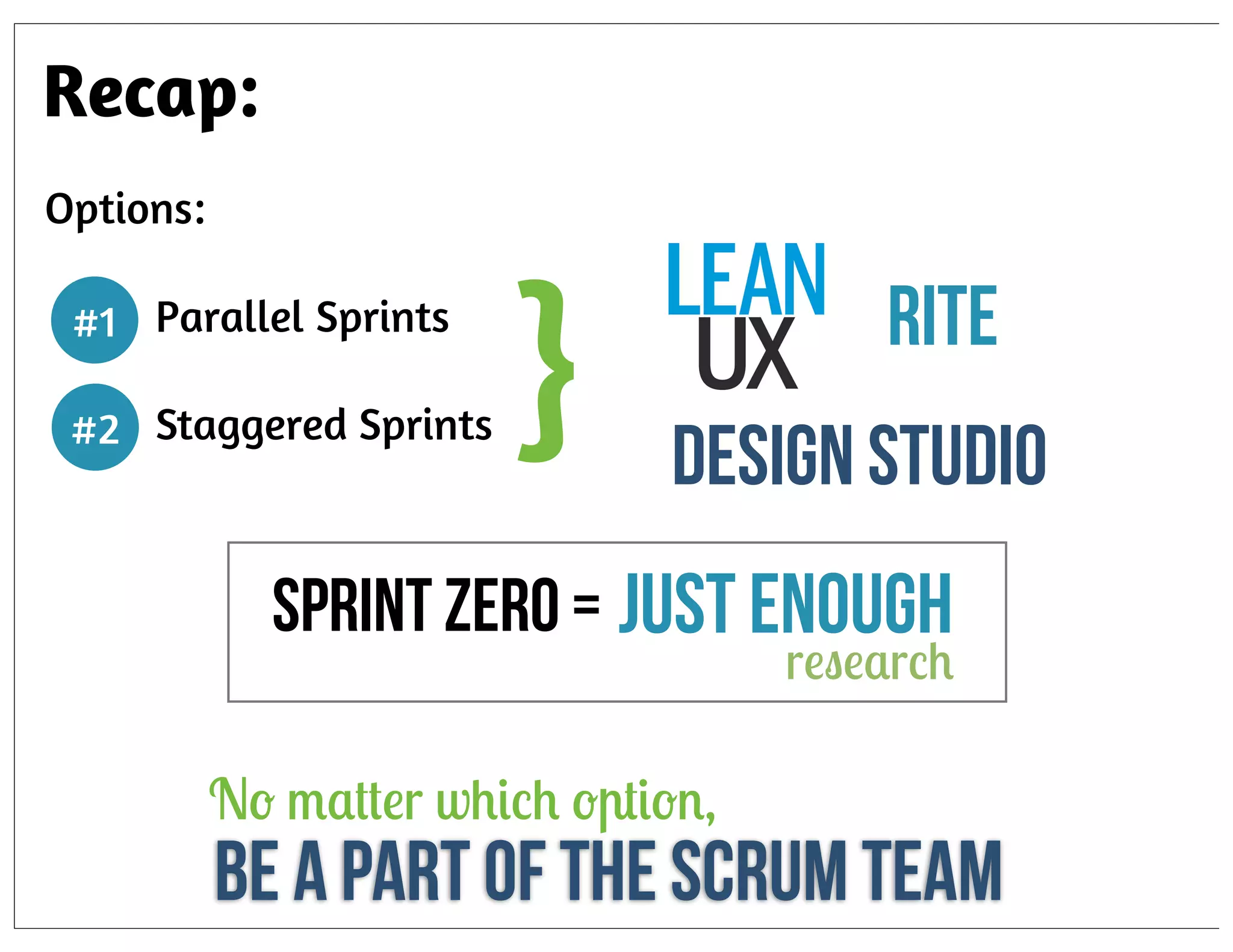 Recap:
Options:
#1 Parallel Sprints
#2 Staggered Sprints

}

RITE
Design Studio

Sprint Zero = Just Enough

research

No matter which option,

Be A Part Of The Scrum Team

 