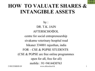 HOW  TO VALUATE SHARES & INTANGIBLE ASSETS by :  DR. T.K. JAIN AFTERSCHO ☺ OL  centre for social entrepreneurship  sivakamu veterinary hospital road bikaner 334001 rajasthan, india FOR – CSE & PGPSE STUDENTS  (CSE & PGPSE are free online programmes  open for all, free for all)  mobile : 91+9414430763  