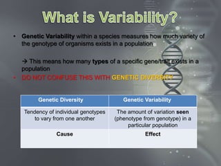 • Genetic Variability within a species measures how much variety of
  the genotype of organisms exists in a population

   This means how many types of a specific gene/trait exists in a
  population
• DO NOT CONFUSE THIS WITH GENETIC DIVERSITY


        Genetic Diversity                Genetic Variability

   Tendency of individual genotypes    The amount of variation seen
       to vary from one another       (phenotype from genotype) in a
                                           particular population
               Cause                              Effect
 