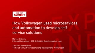 How Volkswagen used microservices
and automation to develop self-
service solutions
Marcos Entenza
Principal Consultant - SRE @ Red Hat Open Innovation Labs
Youssef Chamseddine
Testing & Simulation Research and Development - Volkswagen
 