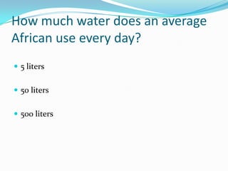 How much water does an average African use every day?5 liters50 liters500 liters
