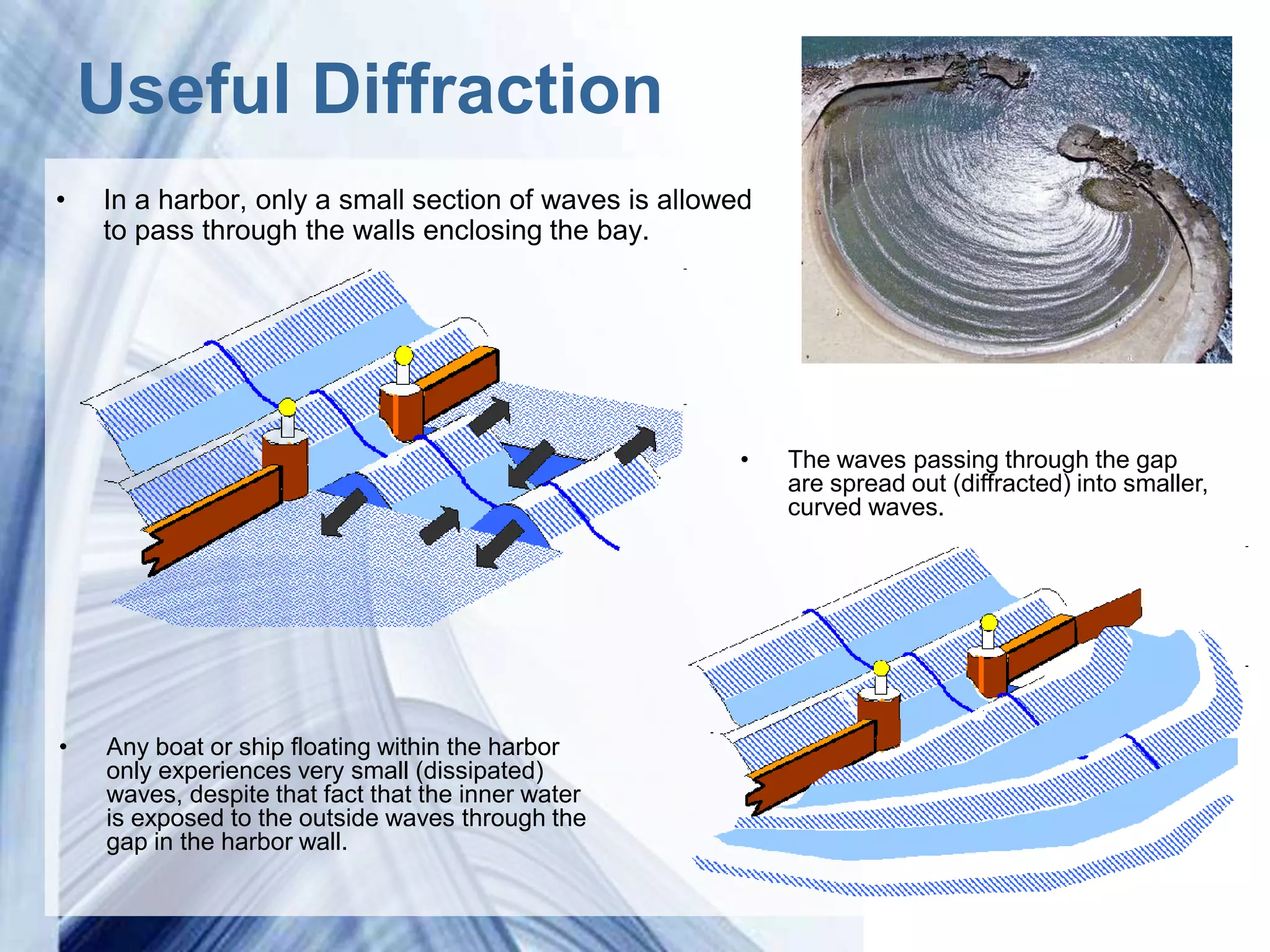 Useful Diffraction
•   In a harbor, only a small section of waves is allowed
    to pass through the walls enclosing the bay.




                                                        •   The waves passing through the gap
                                                            are spread out (diffracted) into smaller,
                                                            curved waves.




•   Any boat or ship floating within the harbor
    only experiences very small (dissipated)
    waves, despite that fact that the inner water
    is exposed to the outside waves through the
    gap in the harbor wall.

                                      Powerpoint Templates
 