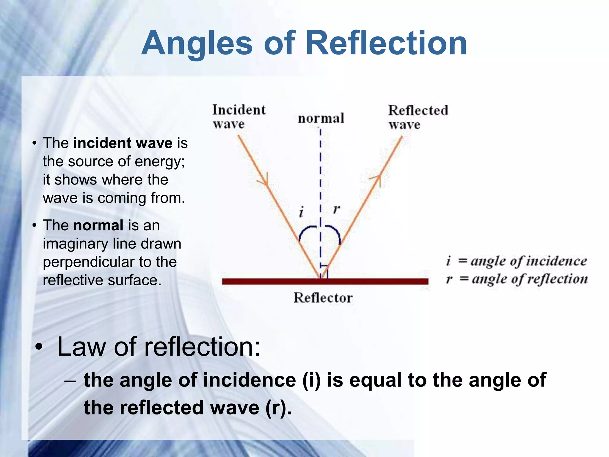 Angles of Reflection

• The incident wave is
  the source of energy;
  it shows where the
  wave is coming from.
• The normal is an
  imaginary line drawn
  perpendicular to the
  reflective surface.



• Law of reflection:
    – the angle of incidence (i) is equal to the angle of
      the reflected wave (r).
                          Powerpoint Templates
 