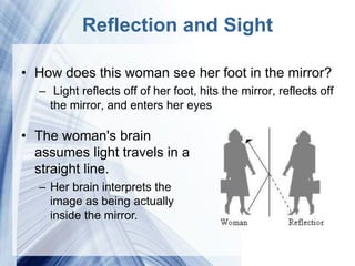 Reflection and Sight

• How does this woman see her foot in the mirror?
  – Light reflects off of her foot, hits the mirror, reflects off
    the mirror, and enters her eyes

• The woman's brain
  assumes light travels in a
  straight line.
  – Her brain interprets the
    image as being actually
    inside the mirror.

                      Powerpoint Templates
 