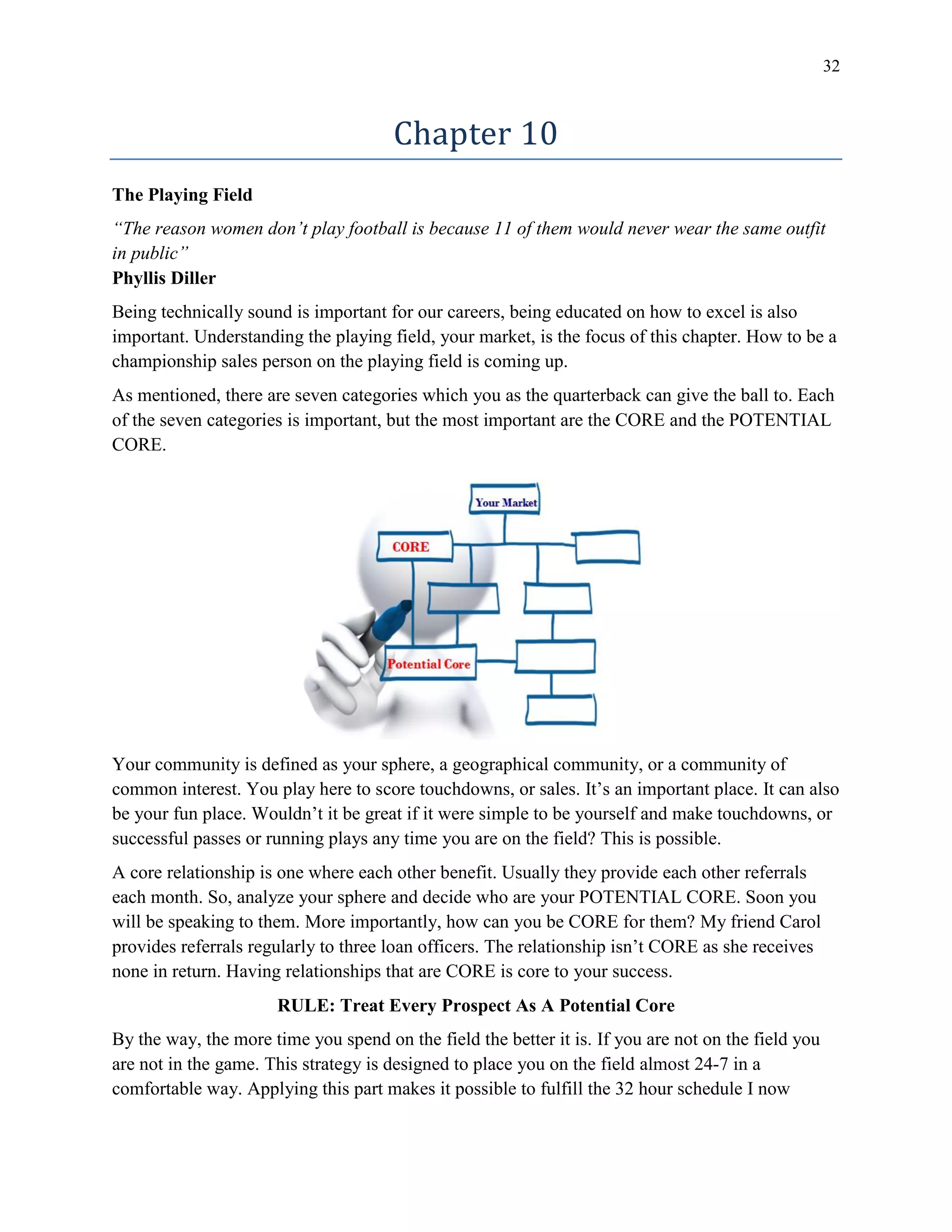 32
Chapter 10
The Playing Field
“The reason women don’t play football is because 11 of them would never wear the same outfit
in public”
Phyllis Diller
Being technically sound is important for our careers, being educated on how to excel is also
important. Understanding the playing field, your market, is the focus of this chapter. How to be a
championship sales person on the playing field is coming up.
As mentioned, there are seven categories which you as the quarterback can give the ball to. Each
of the seven categories is important, but the most important are the CORE and the POTENTIAL
CORE.
Your community is defined as your sphere, a geographical community, or a community of
common interest. You play here to score touchdowns, or sales. It’s an important place. It can also
be your fun place. Wouldn’t it be great if it were simple to be yourself and make touchdowns, or
successful passes or running plays any time you are on the field? This is possible.
A core relationship is one where each other benefit. Usually they provide each other referrals
each month. So, analyze your sphere and decide who are your POTENTIAL CORE. Soon you
will be speaking to them. More importantly, how can you be CORE for them? My friend Carol
provides referrals regularly to three loan officers. The relationship isn’t CORE as she receives
none in return. Having relationships that are CORE is core to your success.
RULE: Treat Every Prospect As A Potential Core
By the way, the more time you spend on the field the better it is. If you are not on the field you
are not in the game. This strategy is designed to place you on the field almost 24-7 in a
comfortable way. Applying this part makes it possible to fulfill the 32 hour schedule I now
 