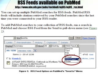 RSS Feeds available on PubMed http://www.nlm.nih.gov/pubs/techbull/mj05/mj05_rss.html 