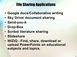 File Sharing Applications Google docs/Collaborative writing Sky Drive/ document sharing Send-you-it Drop-Box Scribd/ literature sharing Slideshare WiZiQ - Find, share, download or upload PowerPoints on educational subjects and topics. 