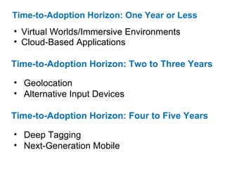Time-to-Adoption Horizon: One Year or Less   Virtual Worlds/Immersive Environments  Cloud-Based Applications  Time-to-Adoption Horizon: Two to Three Years Geolocation  Alternative Input Devices  Time-to-Adoption Horizon: Four to Five Years Deep Tagging  Next-Generation Mobile 