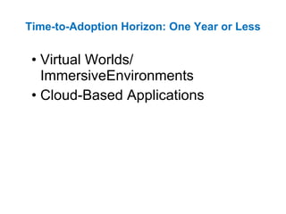 Time-to-Adoption Horizon: One Year or Less Virtual Worlds/ ImmersiveEnvironments  Cloud-Based Applications 